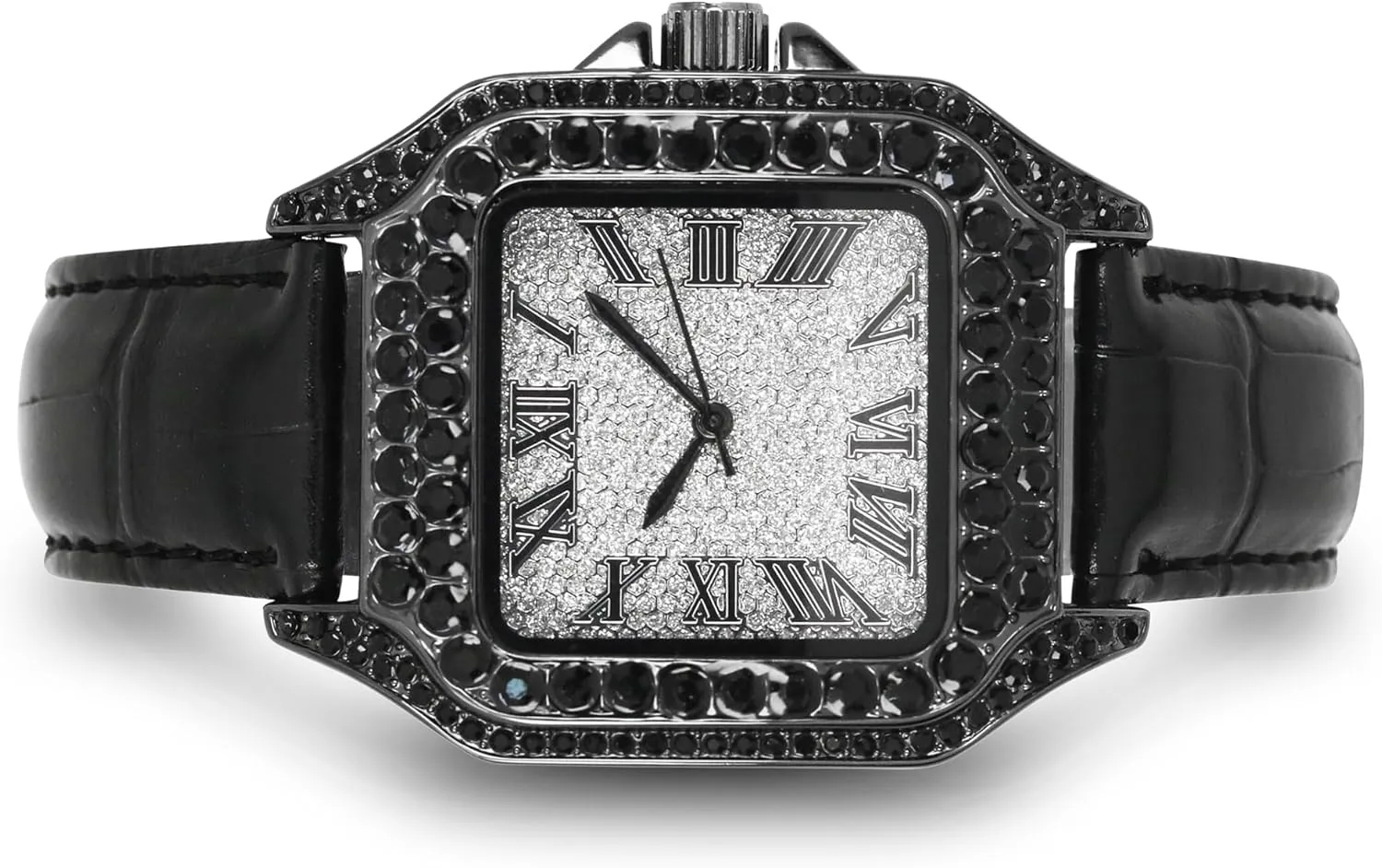 Techno Pave Men's 32mm Iced Out Leather Band Watch  Square Shape, Roman Dial, Luxury Hip-Hop Style