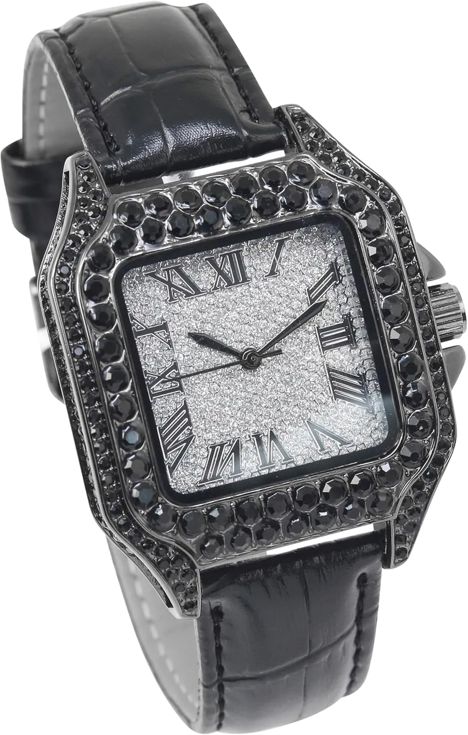 Techno Pave Men's 32mm Iced Out Leather Band Watch  Square Shape, Roman Dial, Luxury Hip-Hop Style