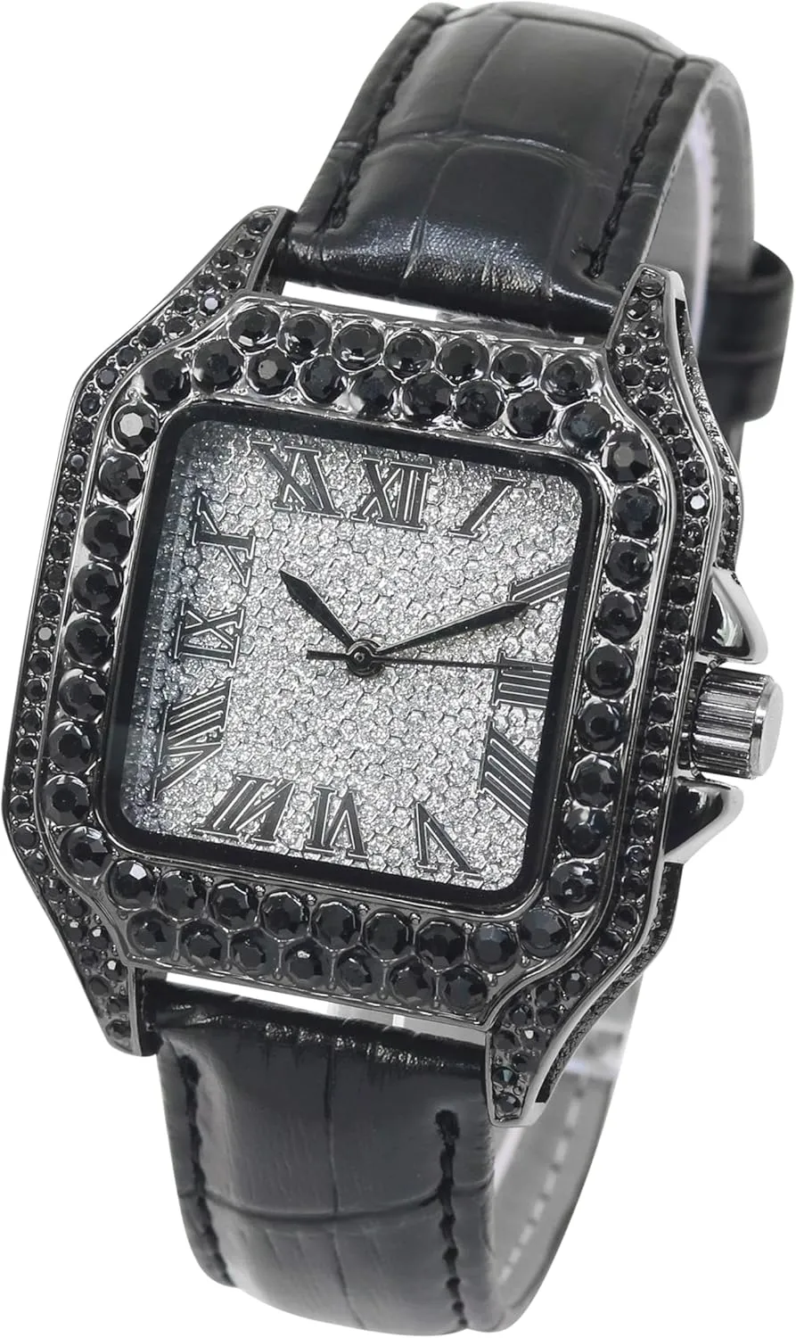 Techno Pave Men's 32mm Iced Out Leather Band Watch  Square Shape, Roman Dial, Luxury Hip-Hop Style