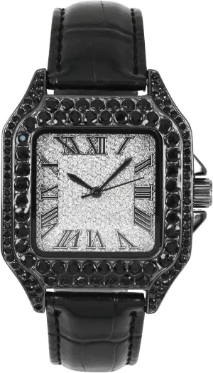 Techno Pave Men's 32mm Iced Out Leather Band Watch  Square Shape, Roman Dial, Luxury Hip-Hop Style