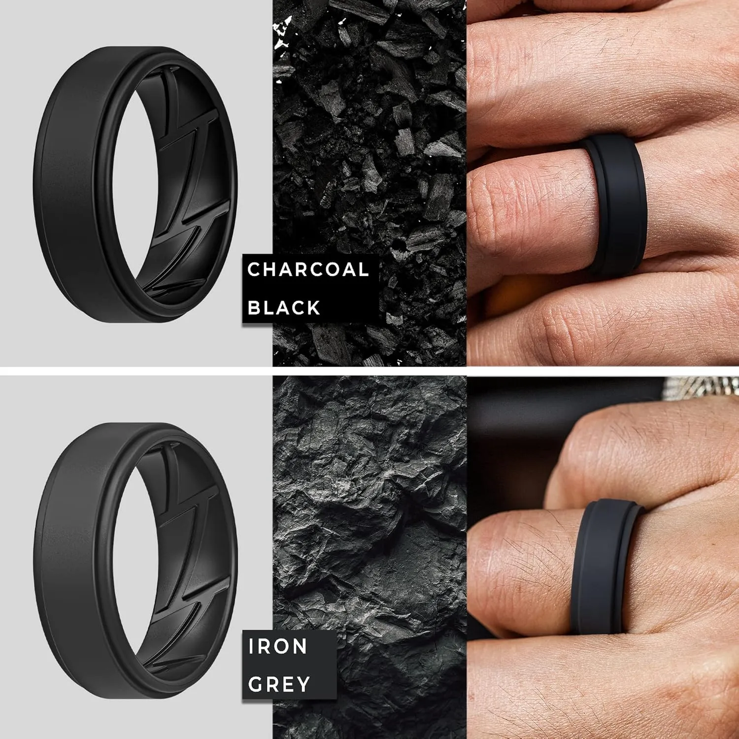 ThunderFit Silicone Wedding Rings for Men Breathable Airflow Inner Grooves, Step Edge Sleek Design Rubber Engagement Bands 8mm Wide 2mm Thick, Variety Multipack 4-7