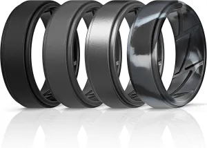 ThunderFit Silicone Wedding Rings for Men Breathable Airflow Inner Grooves, Step Edge Sleek Design Rubber Engagement Bands 8mm Wide 2mm Thick, Variety Multipack 4-7