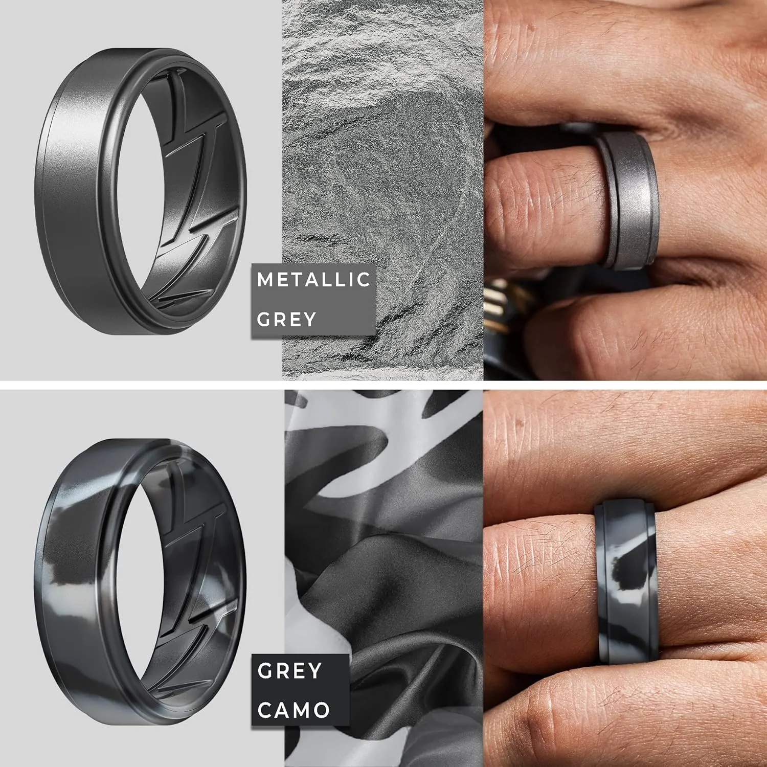 ThunderFit Silicone Wedding Rings for Men Breathable Airflow Inner Grooves, Step Edge Sleek Design Rubber Engagement Bands 8mm Wide 2mm Thick, Variety Multipack 4-7