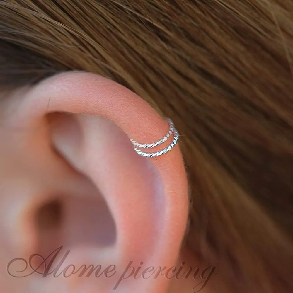 Tiny Silver Double Hoop Cartilage Earrings - 20 Gauge Double Helix Piercing Jewelry - 925 Sterling Silver Double Spiral Helix Earring for Women