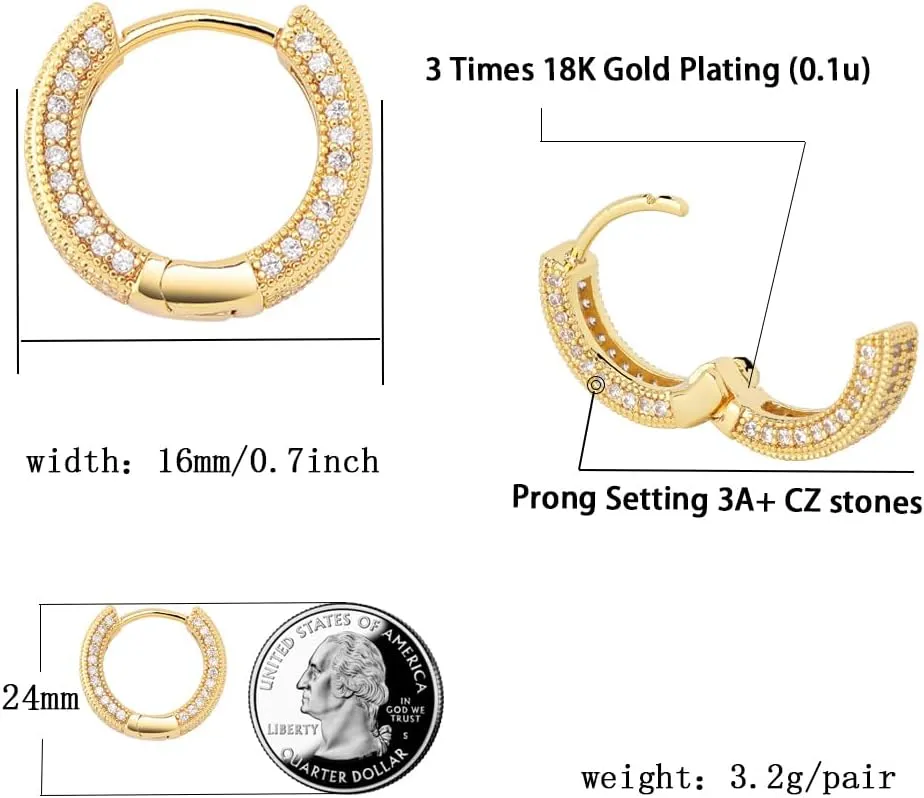 TOPGRILLZ Iced Out Hoop Earrings Cubic Zirconia Huggie Cartilage Cuff Hypoallergenic 14K Gold Plated Luxury Fashion Round Circle Earrings For Men Women