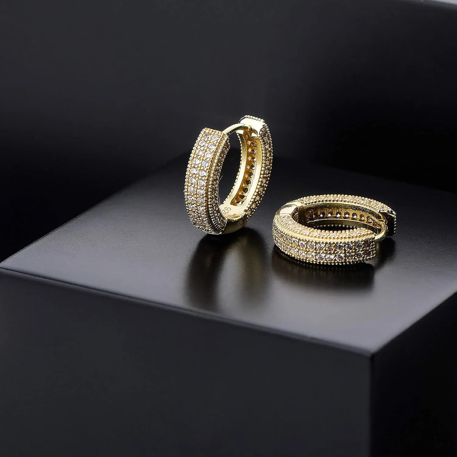 TOPGRILLZ Iced Out Hoop Earrings Cubic Zirconia Huggie Cartilage Cuff Hypoallergenic 14K Gold Plated Luxury Fashion Round Circle Earrings For Men Women