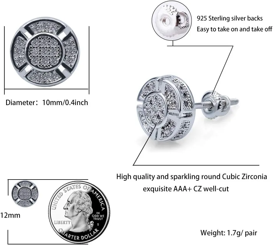 TOPGRILLZ Screw Back Earrings 14K Golden Plated 5A  Cubic Zirconia Cluster Round Screw On Stud Earrings For Men Women Aretes De Hombre