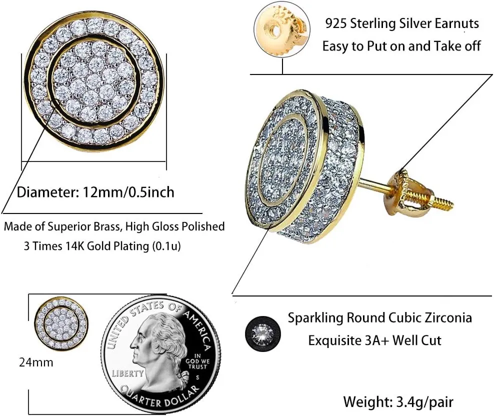 TOPGRILLZ Screw Back Earrings 14K Golden Plated 5A  Cubic Zirconia Cluster Round Screw On Stud Earrings For Men Women Aretes De Hombre