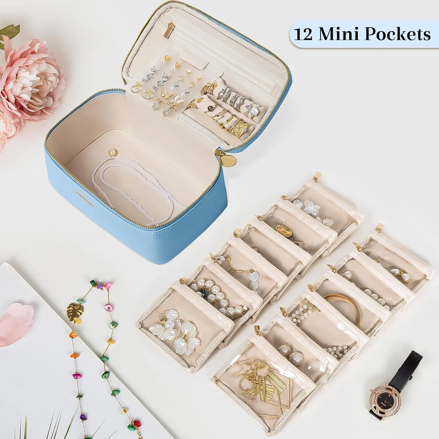 Travel Jewelry Box with 12 Jewelry Bags, Leather Jewelry Organizer Case for Women Girl for Necklace Earring Bracelet Ring, Jewelry Holder Organizer Box,Wedding Birthday Gift Idea (Baby Blue)