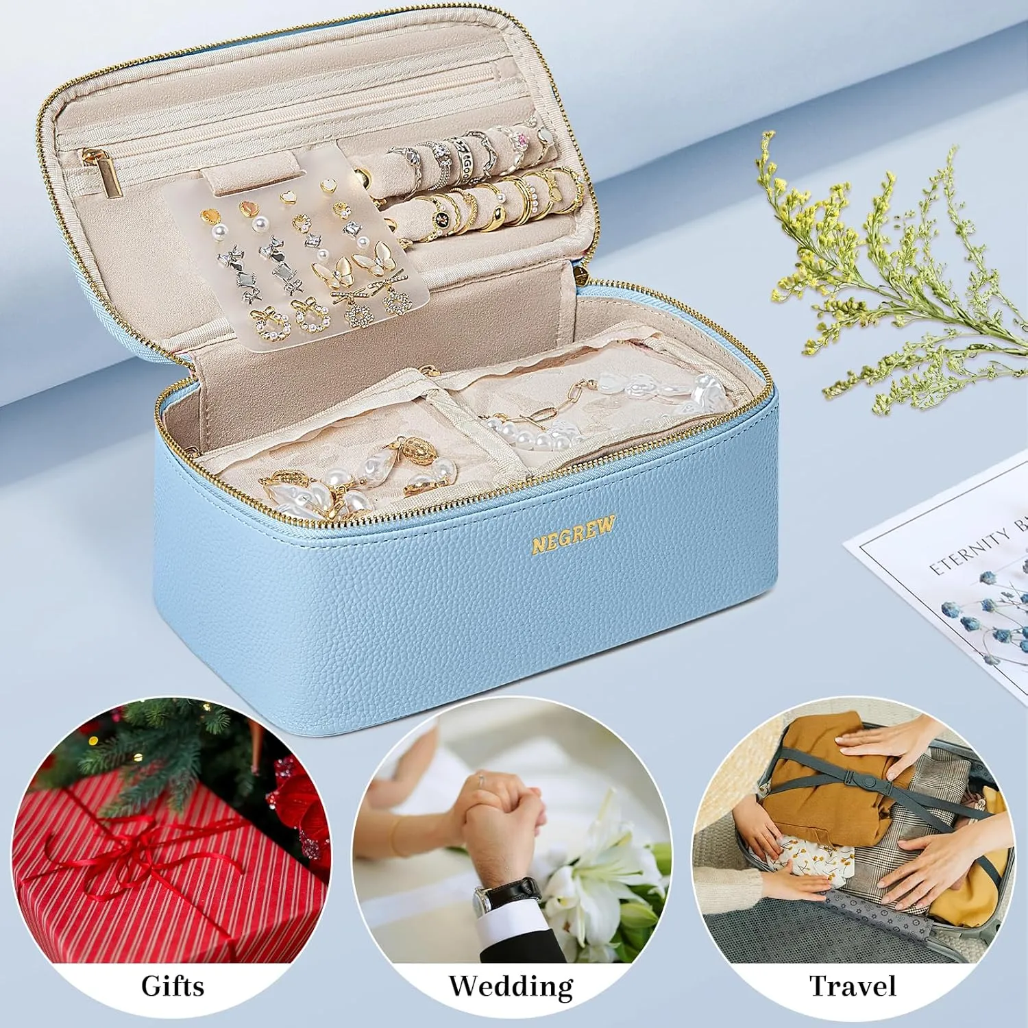 Travel Jewelry Box with 12 Jewelry Bags, Leather Jewelry Organizer Case for Women Girl for Necklace Earring Bracelet Ring, Jewelry Holder Organizer Box,Wedding Birthday Gift Idea (Baby Blue)