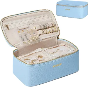 Travel Jewelry Box with 12 Jewelry Bags, Leather Jewelry Organizer Case for Women Girl for Necklace Earring Bracelet Ring, Jewelry Holder Organizer Box,Wedding Birthday Gift Idea (Baby Blue)