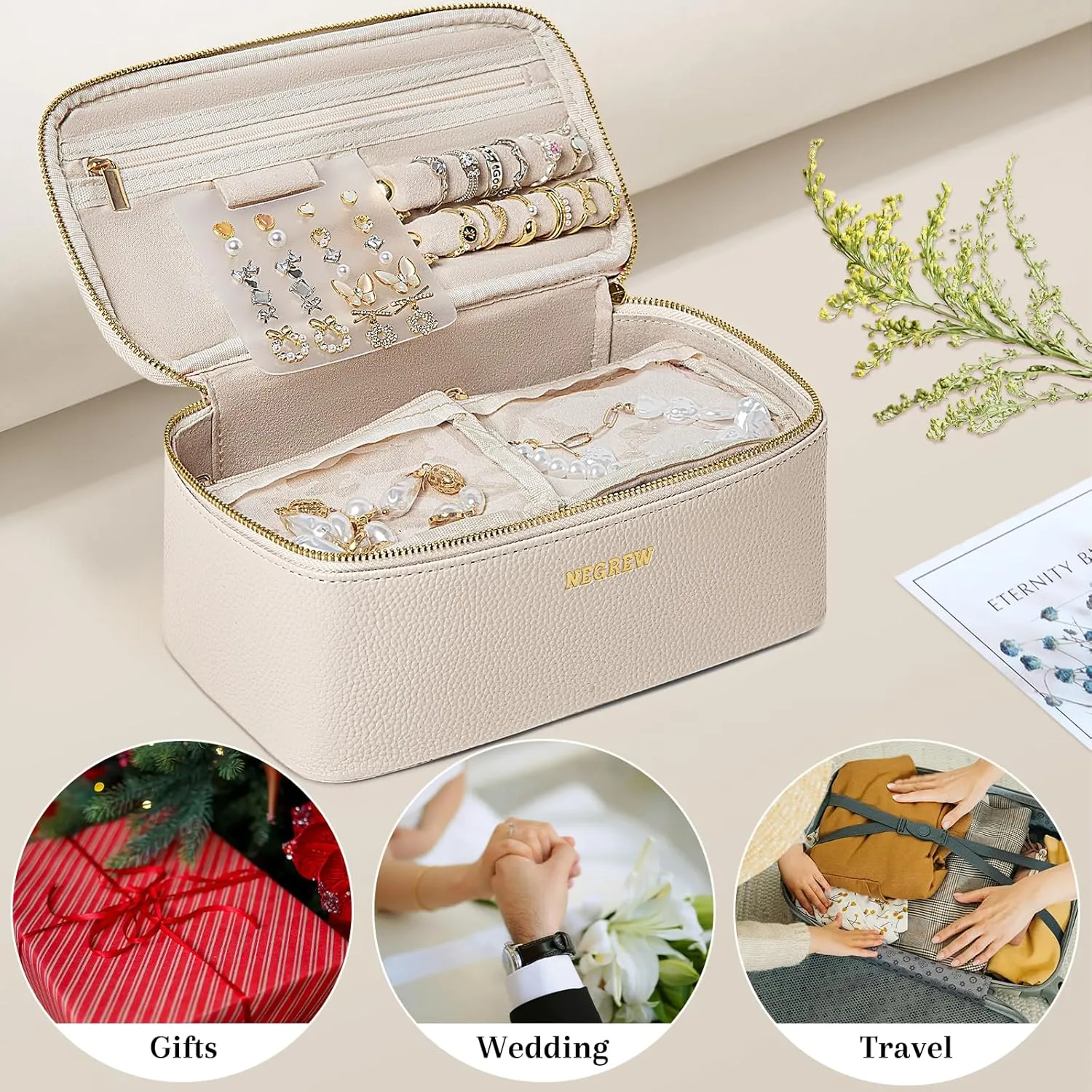 Travel Jewelry Box with 12 Jewelry Bags, Leather Jewelry Organizer Case for Women Girl for Necklace Earring Bracelet Ring, Jewelry Holder Organizer Box,Wedding Birthday Gift Idea (Beige)