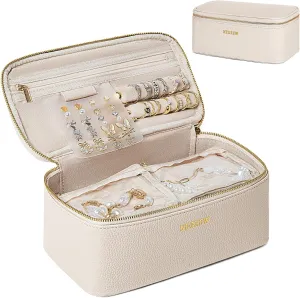 Travel Jewelry Box with 12 Jewelry Bags, Leather Jewelry Organizer Case for Women Girl for Necklace Earring Bracelet Ring, Jewelry Holder Organizer Box,Wedding Birthday Gift Idea (Beige)