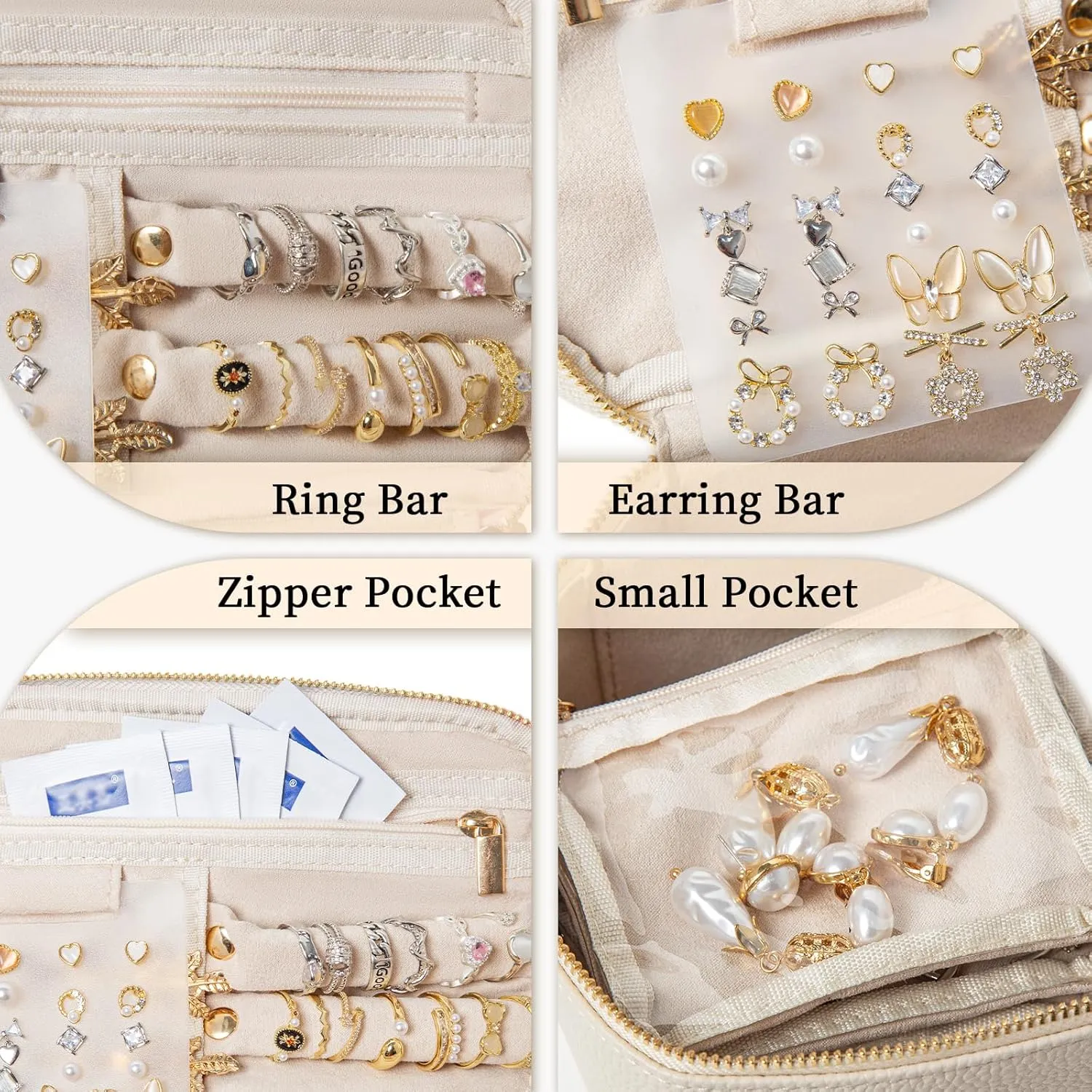 Travel Jewelry Box with 12 Jewelry Bags, Leather Jewelry Organizer Case for Women Girl for Necklace Earring Bracelet Ring, Jewelry Holder Organizer Box,Wedding Birthday Gift Idea (Beige)