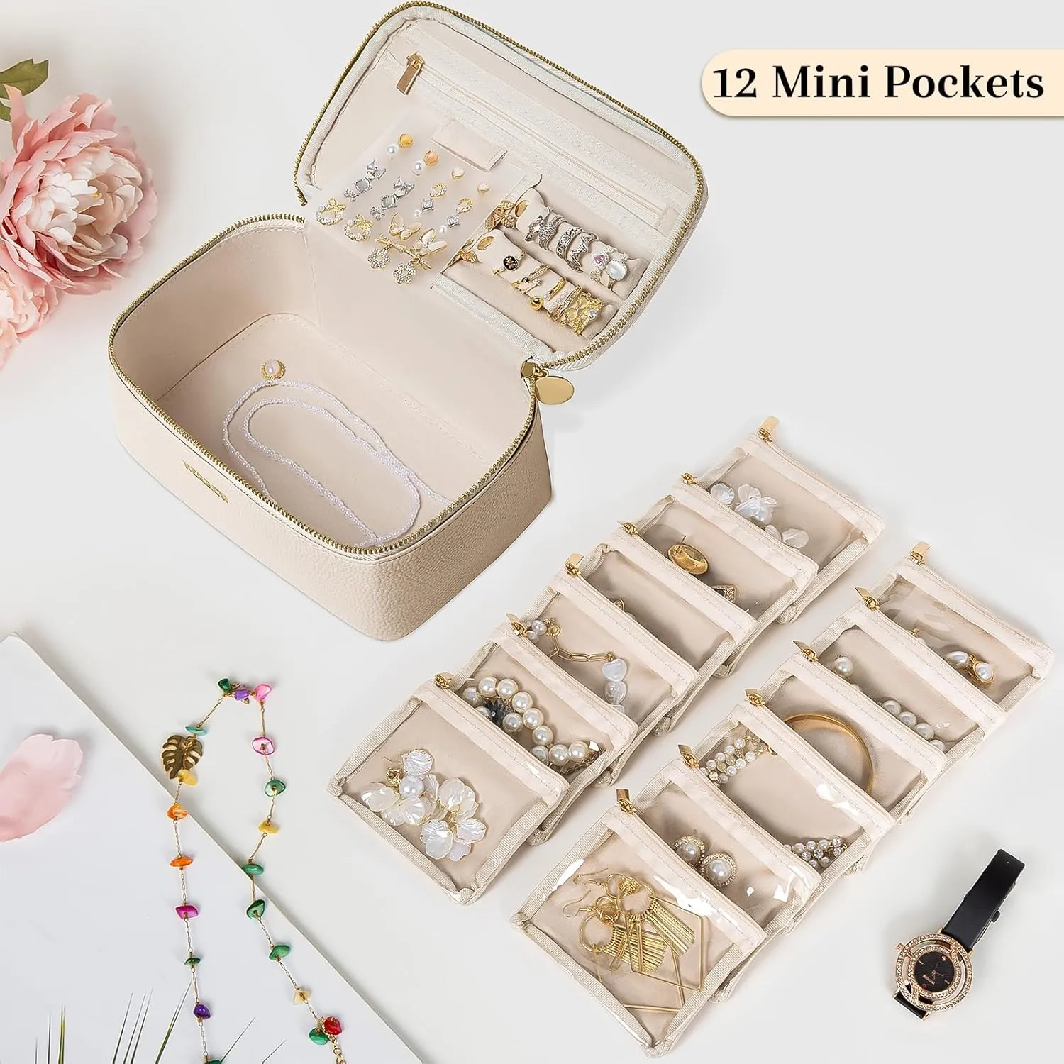 Travel Jewelry Box with 12 Jewelry Bags, Leather Jewelry Organizer Case for Women Girl for Necklace Earring Bracelet Ring, Jewelry Holder Organizer Box,Wedding Birthday Gift Idea (Beige)