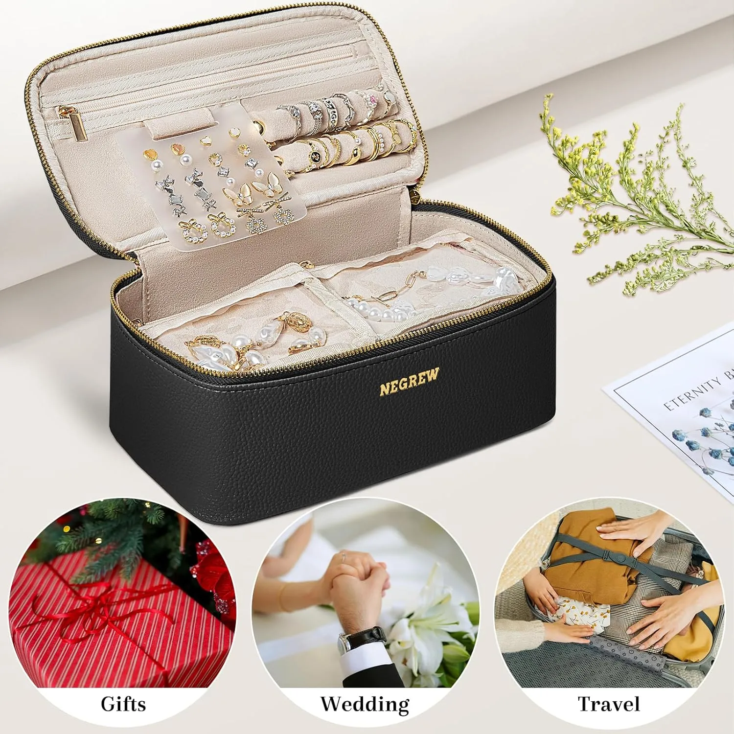 Travel Jewelry Box with 12 Jewelry Bags, Leather Jewelry Organizer Case for Women Girl for Necklace Earring Bracelet Ring, Jewelry Holder Organizer Box,Wedding Birthday Gift Idea (Black)