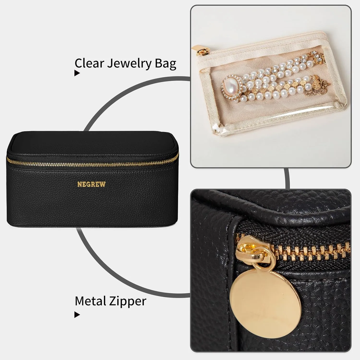 Travel Jewelry Box with 12 Jewelry Bags, Leather Jewelry Organizer Case for Women Girl for Necklace Earring Bracelet Ring, Jewelry Holder Organizer Box,Wedding Birthday Gift Idea (Black)