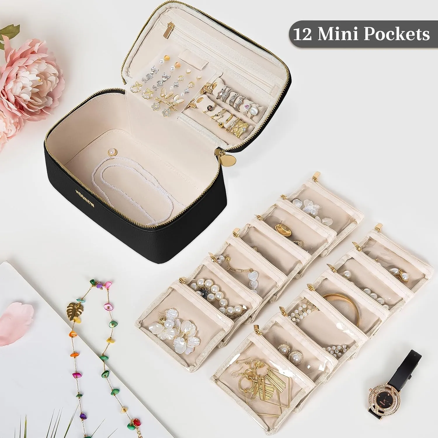 Travel Jewelry Box with 12 Jewelry Bags, Leather Jewelry Organizer Case for Women Girl for Necklace Earring Bracelet Ring, Jewelry Holder Organizer Box,Wedding Birthday Gift Idea (Black)