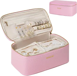 Travel Jewelry Box with 12 Jewelry Bags, Leather Jewelry Organizer Case for Women Girl for Necklace Earring Bracelet Ring, Jewelry Holder Organizer Box,Wedding Birthday Gift Idea (Strawberry Pink)