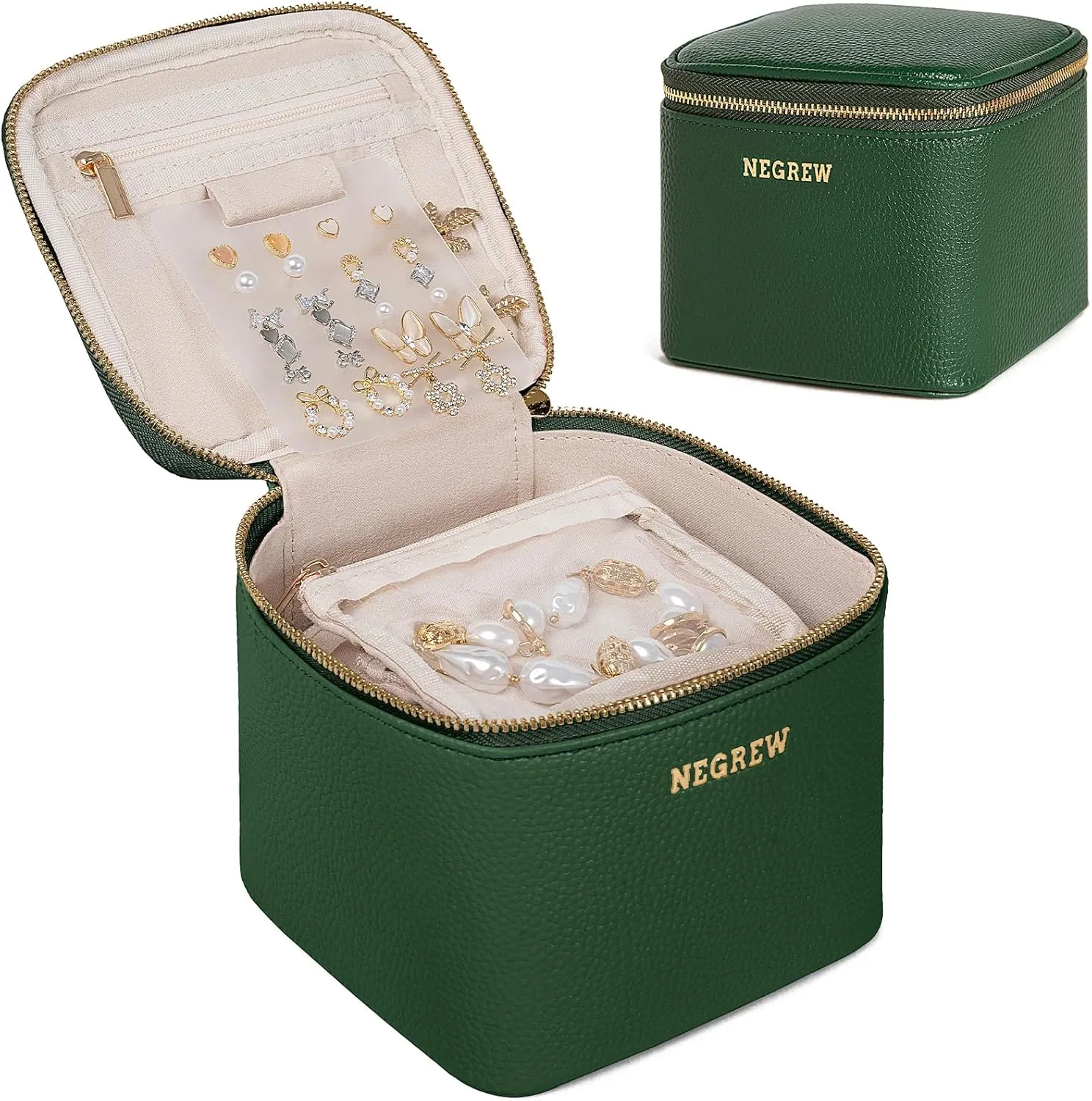 Travel Jewelry Box with 6 Jewelry Bags, Leather Jewelry Organizer Case for Women Girl for Necklace Earring Bracelet Ring, Jewelry Holder Organizer Box,Wedding Birthday Gift Idea (Green)