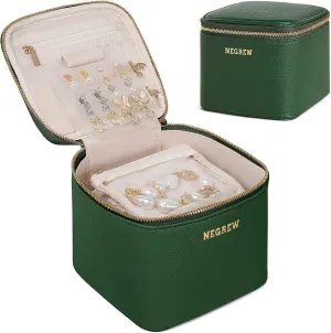 Travel Jewelry Box with 6 Jewelry Bags, Leather Jewelry Organizer Case for Women Girl for Necklace Earring Bracelet Ring, Jewelry Holder Organizer Box,Wedding Birthday Gift Idea (Green)