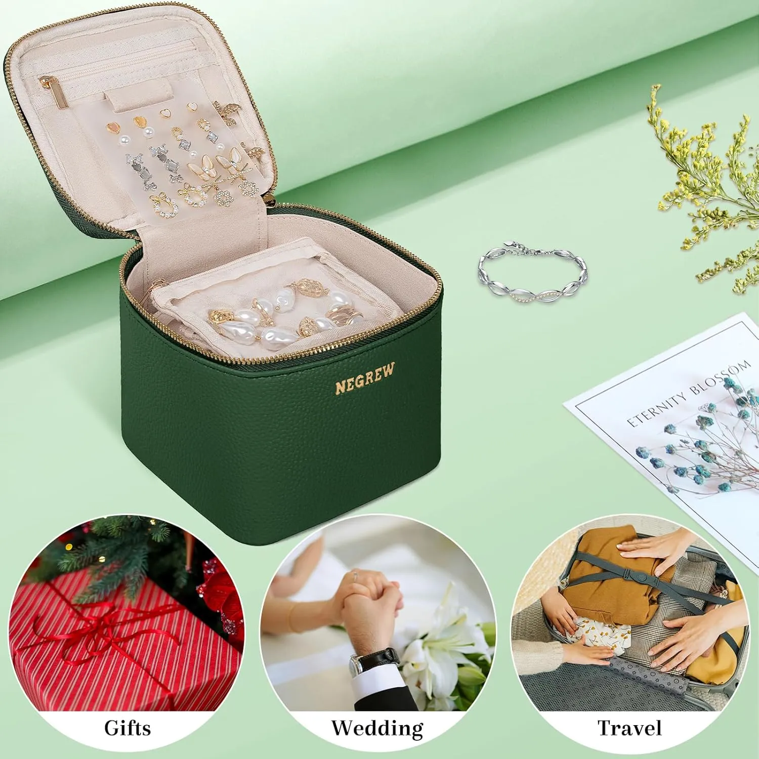 Travel Jewelry Box with 6 Jewelry Bags, Leather Jewelry Organizer Case for Women Girl for Necklace Earring Bracelet Ring, Jewelry Holder Organizer Box,Wedding Birthday Gift Idea (Green)