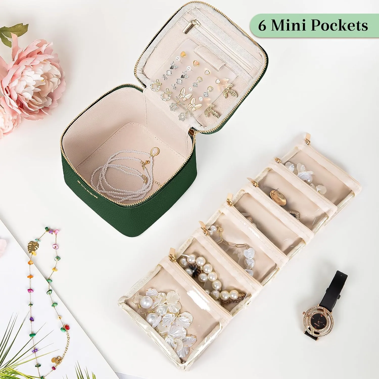 Travel Jewelry Box with 6 Jewelry Bags, Leather Jewelry Organizer Case for Women Girl for Necklace Earring Bracelet Ring, Jewelry Holder Organizer Box,Wedding Birthday Gift Idea (Green)