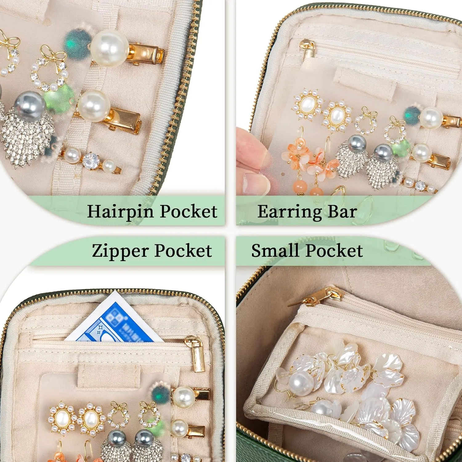 Travel Jewelry Box with 6 Jewelry Bags, Leather Jewelry Organizer Case for Women Girl for Necklace Earring Bracelet Ring, Jewelry Holder Organizer Box,Wedding Birthday Gift Idea (Green)