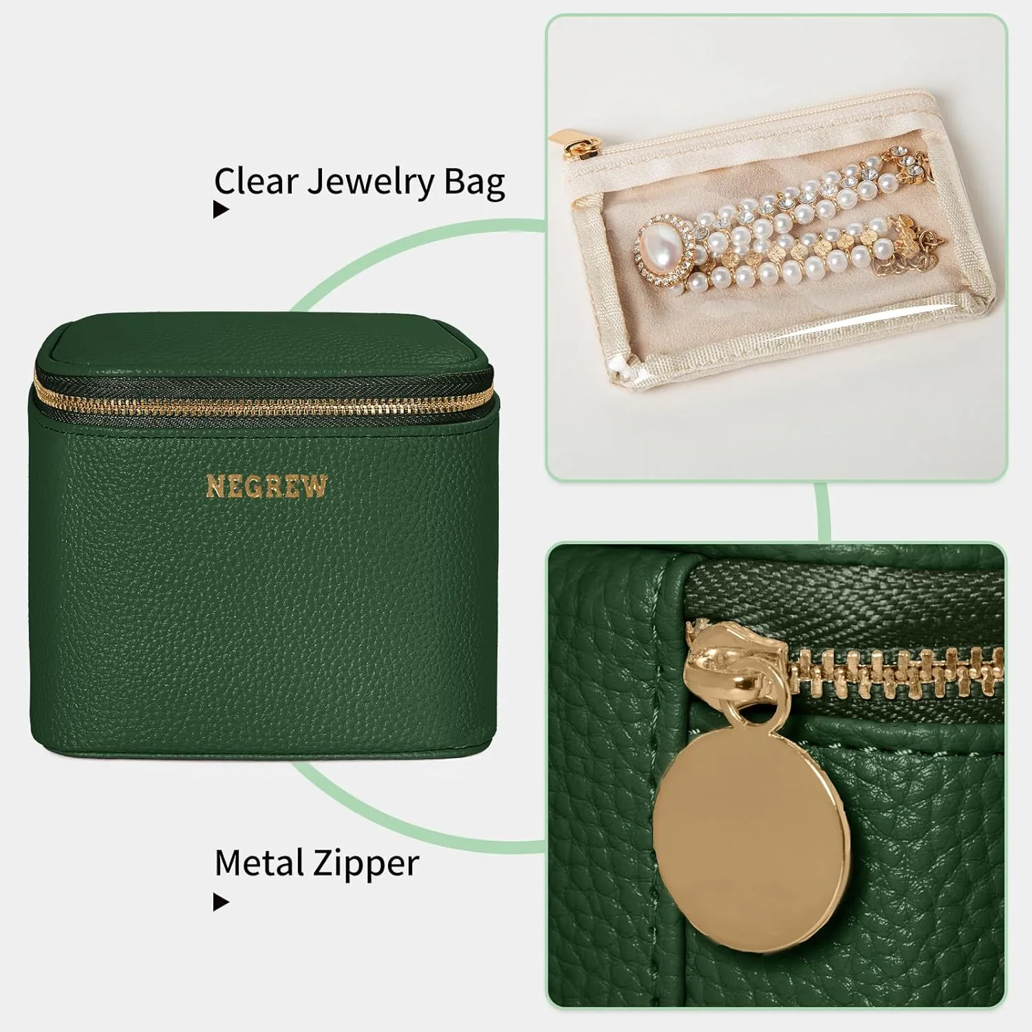 Travel Jewelry Box with 6 Jewelry Bags, Leather Jewelry Organizer Case for Women Girl for Necklace Earring Bracelet Ring, Jewelry Holder Organizer Box,Wedding Birthday Gift Idea (Green)