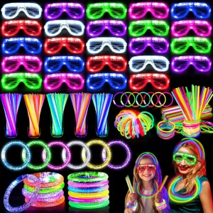 TURNMEON 148 PCS Glow in the Dark Party Supplies Light Up Toys with 24 Led Glasses, 24 Flashing Bracelets and 100 Glow Sticks Bulk Party Favors for Kid Adult Birthday Wedding 4th of July Concert
