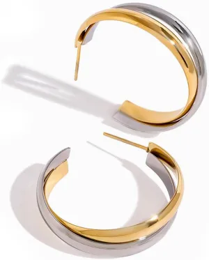 Two Tone Hoop Earrings-Gold Silver Chunky Twisted Hoops, Lightweight Statement Jewelry for Women