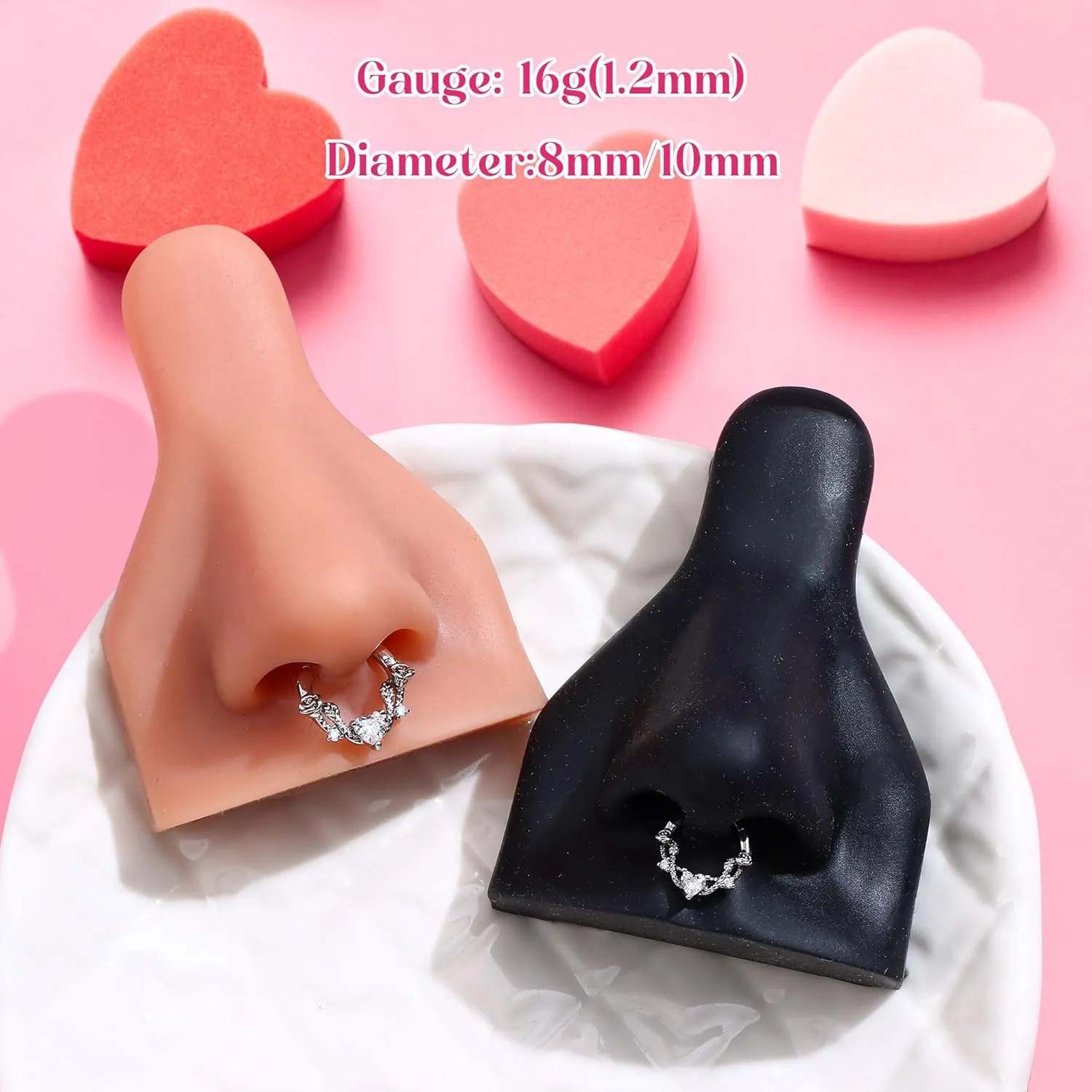 UBGICIG 16G Silver/Gold/Black Rose Septum Rings Heart CZ Hinged Nose Rings Hoops Stainless Steel Daith Piercing Jewelry Helix Tragus Conch Earrings Septum Clicker Nose Piercings for Women 8mm 10mm