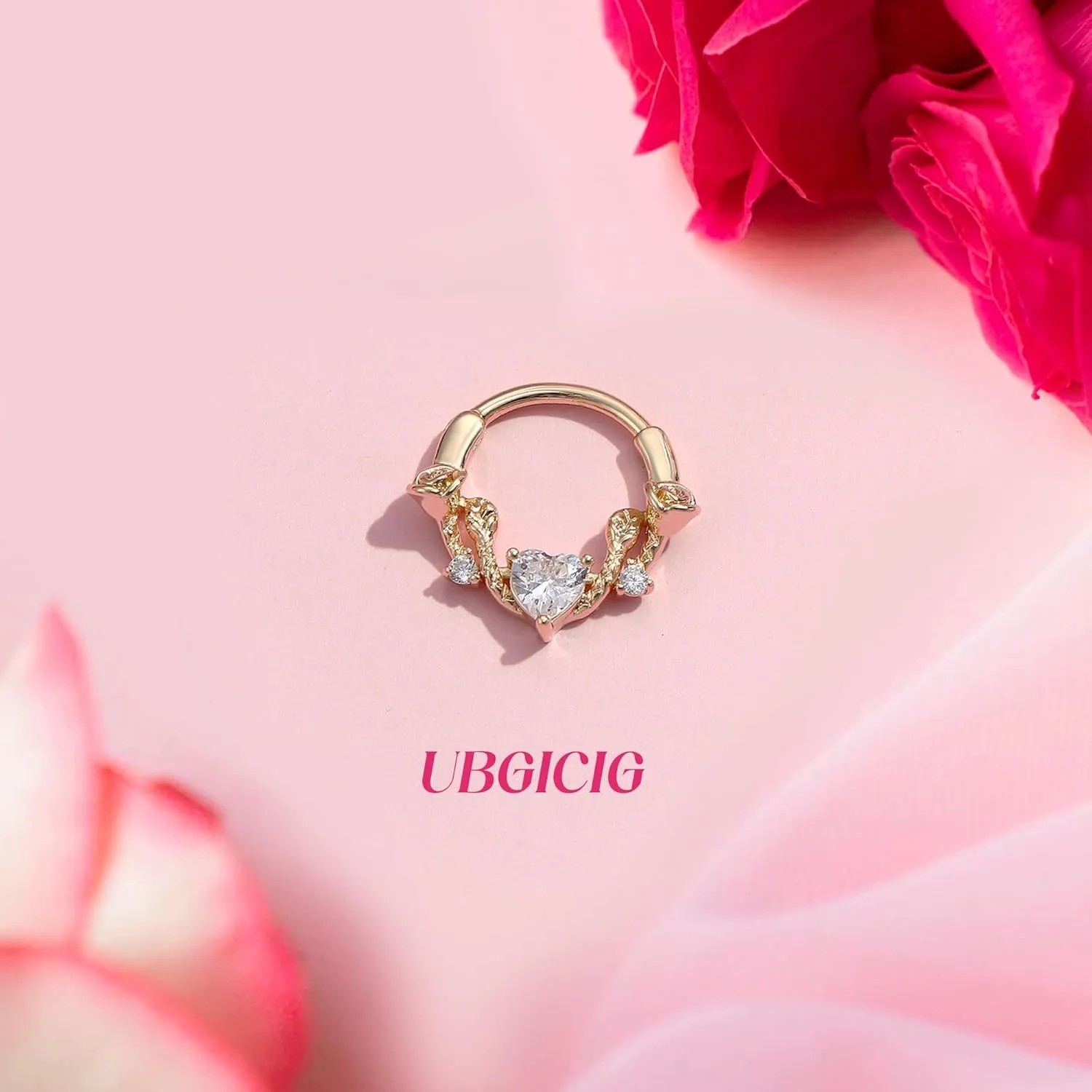UBGICIG 16G Silver/Gold/Black Rose Septum Rings Heart CZ Hinged Nose Rings Hoops Stainless Steel Daith Piercing Jewelry Helix Tragus Conch Earrings Septum Clicker Nose Piercings for Women 8mm 10mm