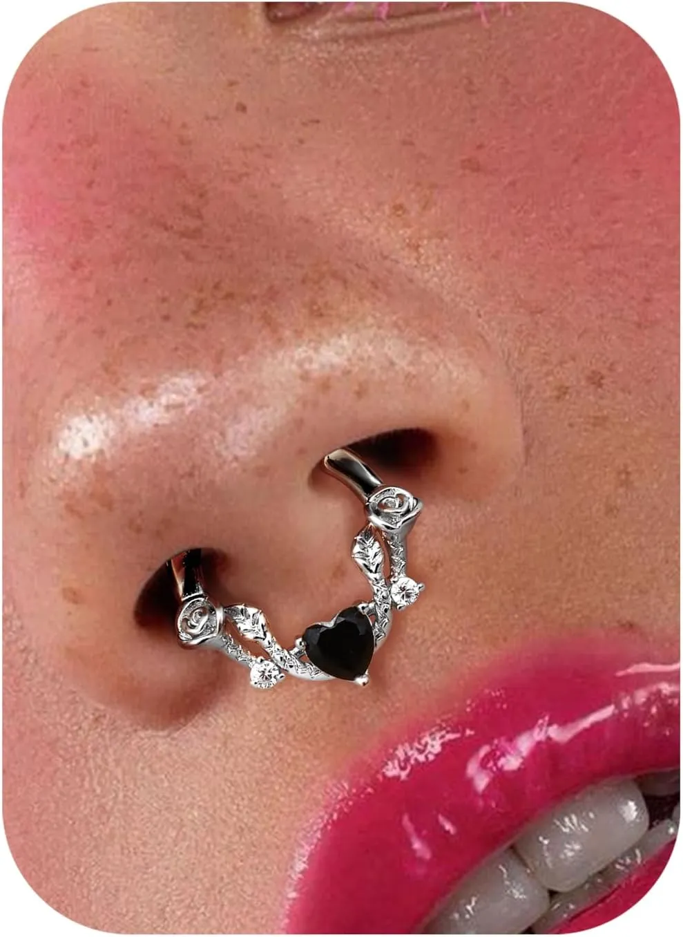 UBGICIG 16G Silver/Gold/Black Rose Septum Rings Heart CZ Hinged Nose Rings Hoops Stainless Steel Daith Piercing Jewelry Helix Tragus Conch Earrings Septum Clicker Nose Piercings for Women 8mm 10mm