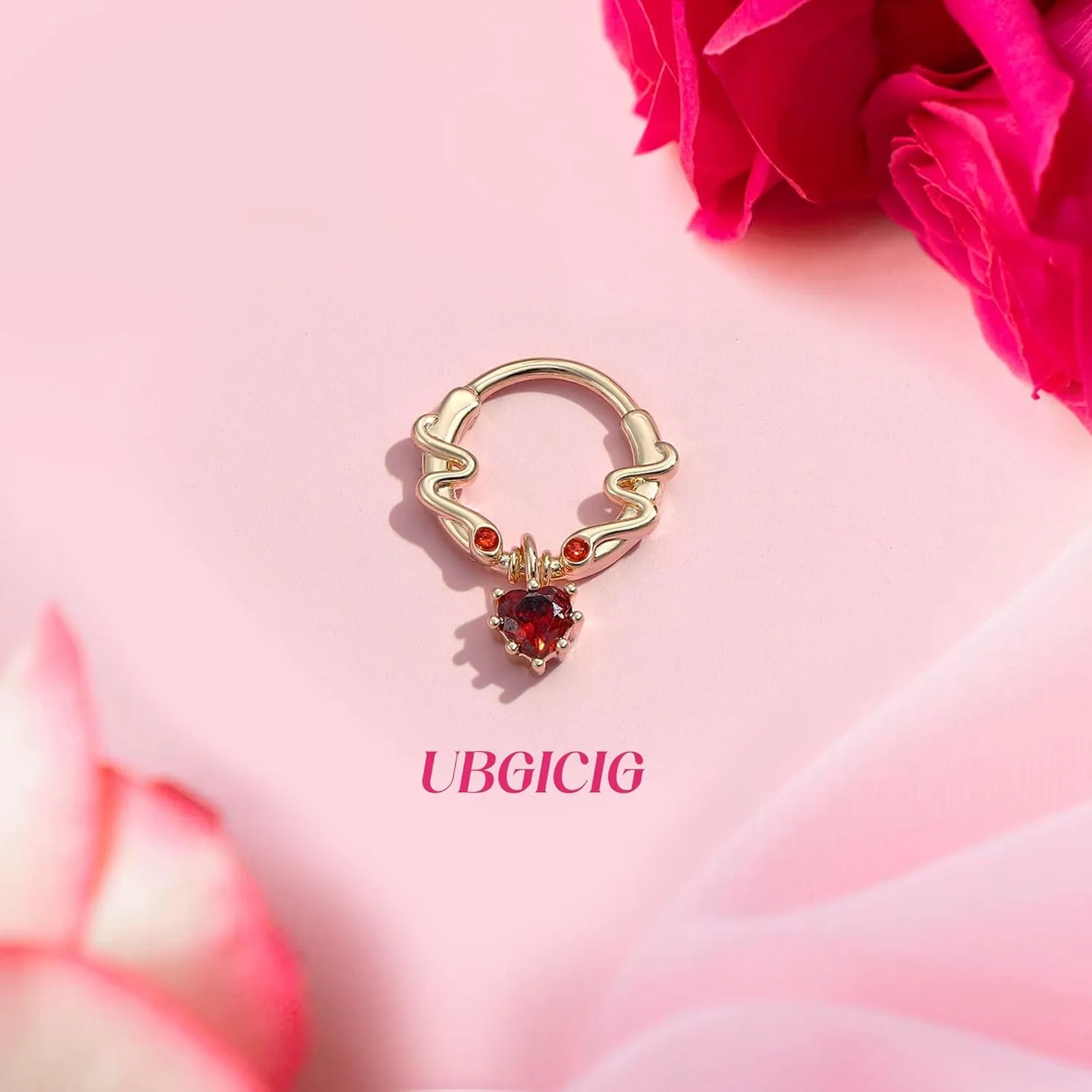 UBGICIG 16G Silver/Gold/Black Rose Septum Rings Heart CZ Hinged Nose Rings Hoops Stainless Steel Daith Piercing Jewelry Helix Tragus Conch Earrings Septum Clicker Nose Piercings for Women 8mm 10mm
