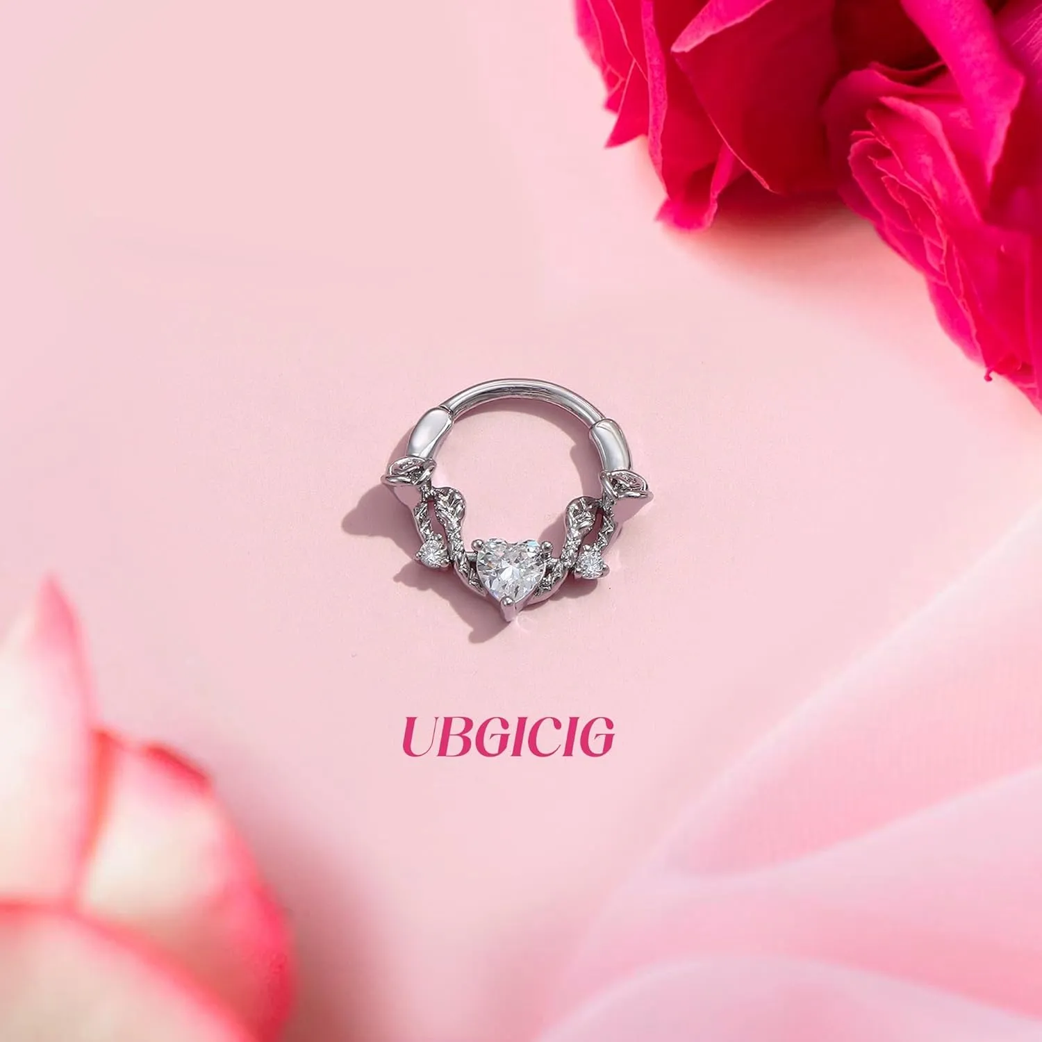 UBGICIG 16G Silver/Gold/Black Rose Septum Rings Heart CZ Hinged Nose Rings Hoops Stainless Steel Daith Piercing Jewelry Helix Tragus Conch Earrings Septum Clicker Nose Piercings for Women 8mm 10mm