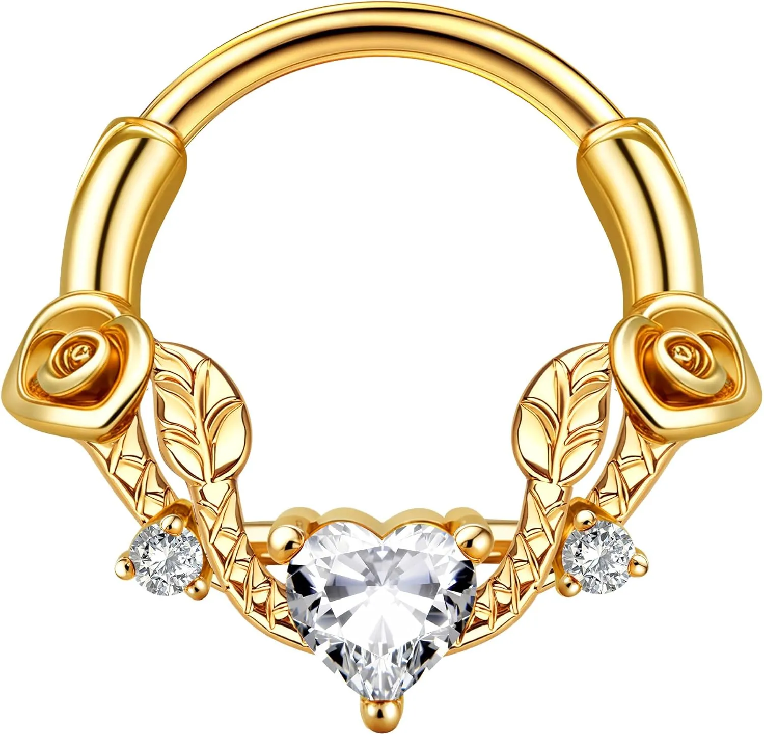 UBGICIG 16G Silver/Gold/Black Rose Septum Rings Heart CZ Hinged Nose Rings Hoops Stainless Steel Daith Piercing Jewelry Helix Tragus Conch Earrings Septum Clicker Nose Piercings for Women 8mm 10mm