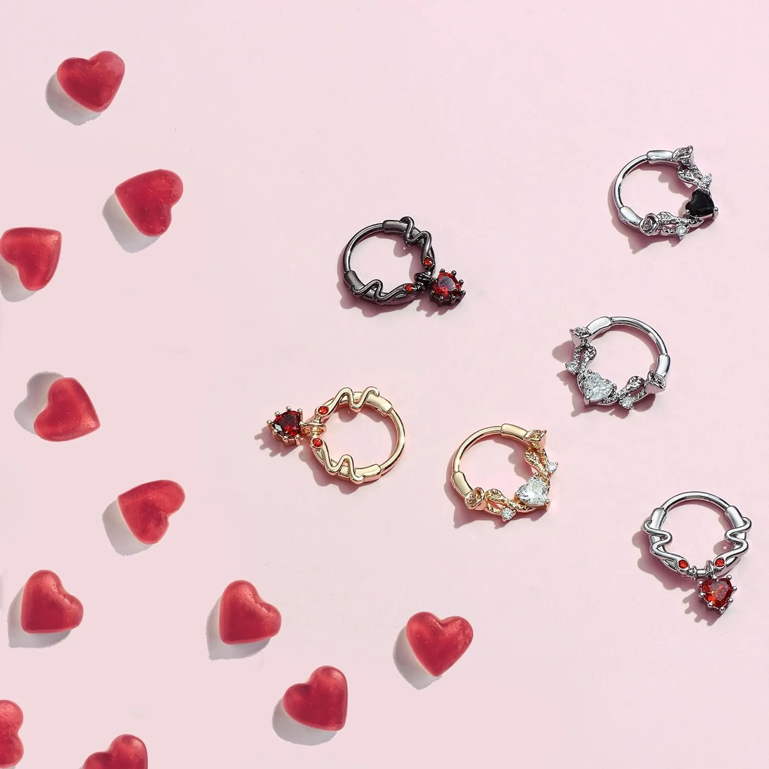 UBGICIG 16G Silver/Gold/Black Rose Septum Rings Heart CZ Hinged Nose Rings Hoops Stainless Steel Daith Piercing Jewelry Helix Tragus Conch Earrings Septum Clicker Nose Piercings for Women 8mm 10mm
