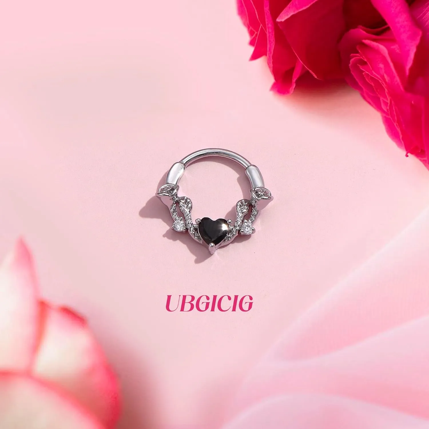 UBGICIG 16G Silver/Gold/Black Rose Septum Rings Heart CZ Hinged Nose Rings Hoops Stainless Steel Daith Piercing Jewelry Helix Tragus Conch Earrings Septum Clicker Nose Piercings for Women 8mm 10mm