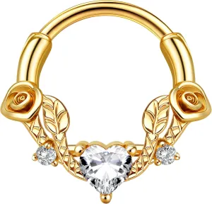 UBGICIG 16G Silver/Gold/Black Rose Septum Rings Heart CZ Hinged Nose Rings Hoops Stainless Steel Daith Piercing Jewelry Helix Tragus Conch Earrings Septum Clicker Nose Piercings for Women 8mm 10mm