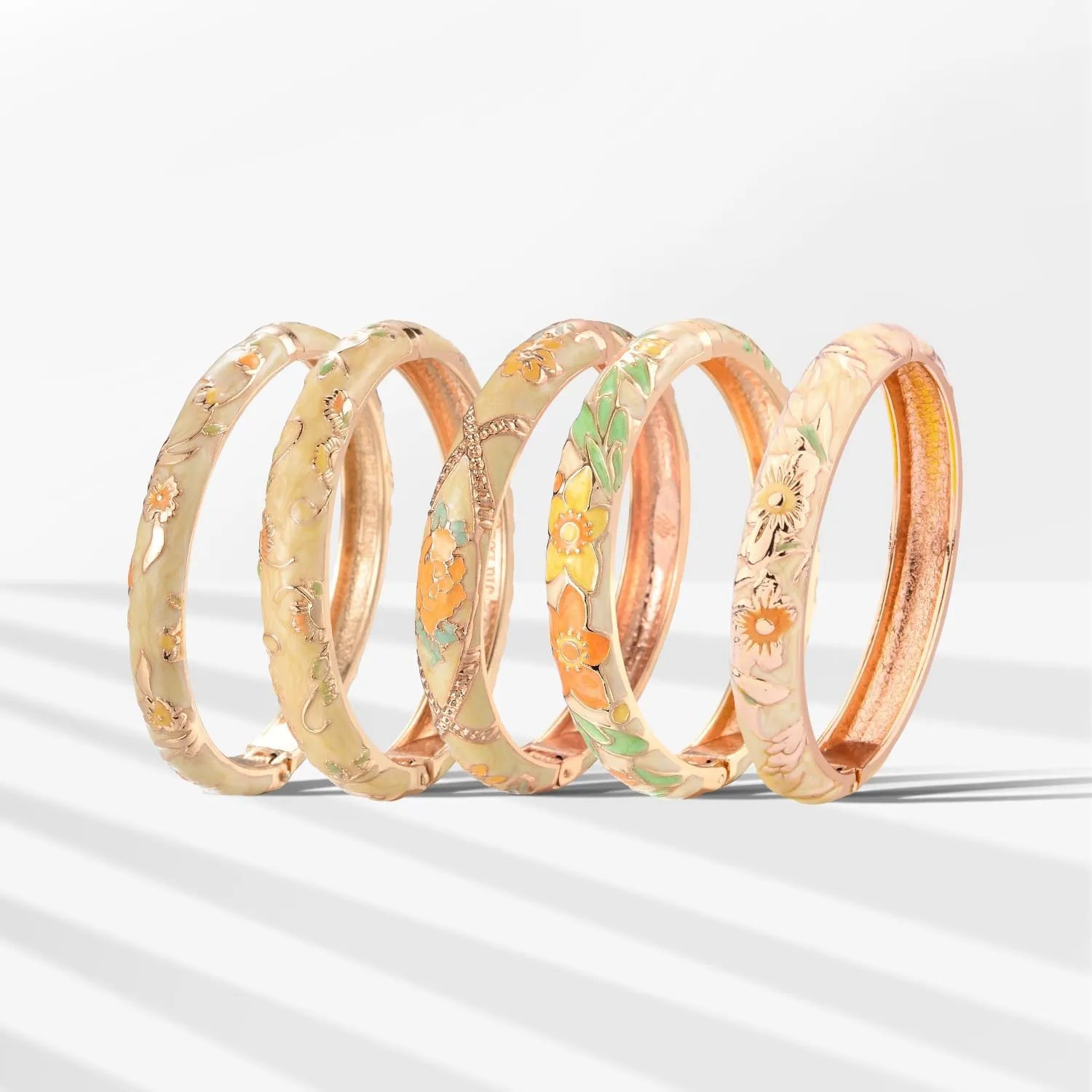 UJOY Bangles 5 Pcs Enamel Jewelry Set Rose Gold Flower Engraved Cloisonne Bracelets Pack in a Box 5PCS