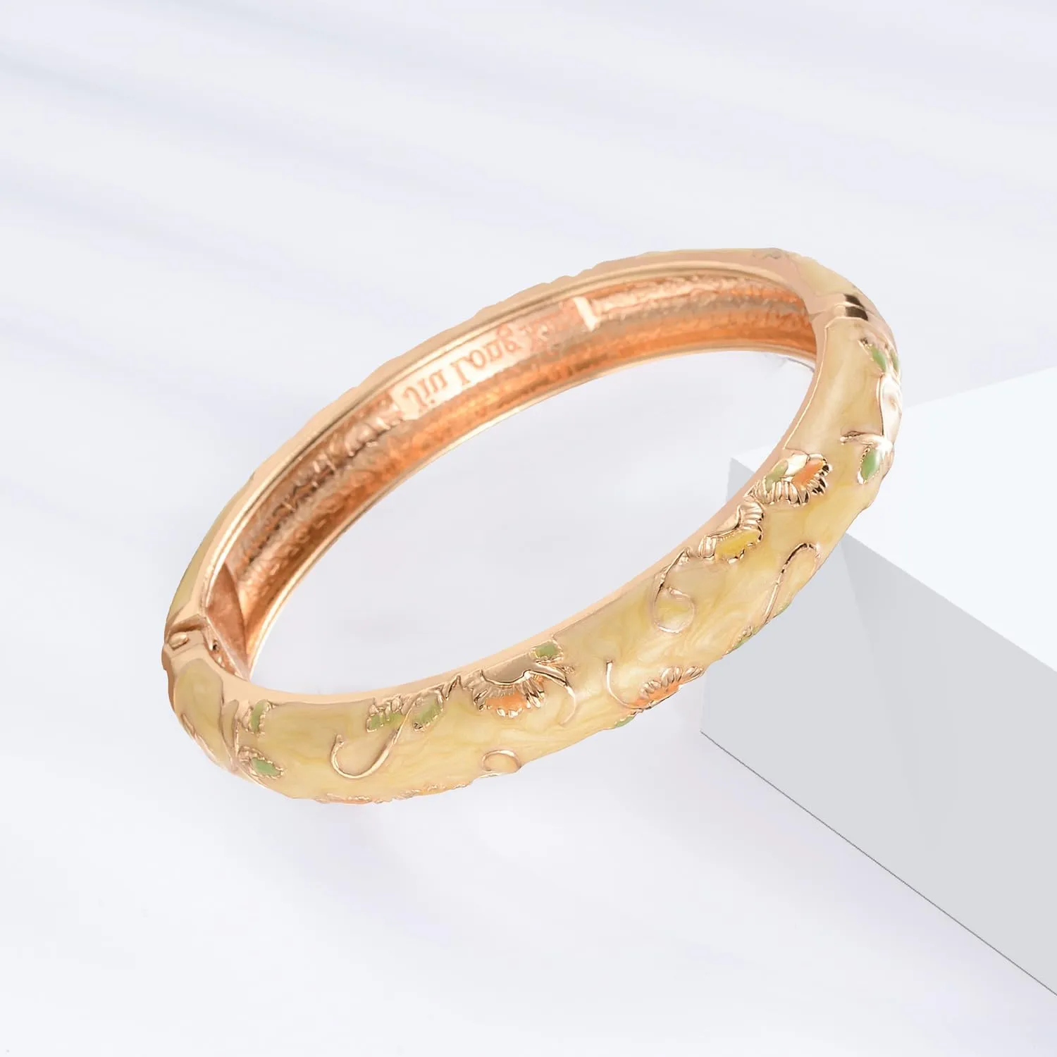 UJOY Bangles 5 Pcs Enamel Jewelry Set Rose Gold Flower Engraved Cloisonne Bracelets Pack in a Box 5PCS