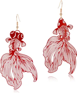 Unique Chic Lightweight Hollow Fish Dangle Drop Hook Earrings Charm Pink Red Asymmetry Goldfish Dangle Earrings For Women Girls Statement Jewelry Gifts