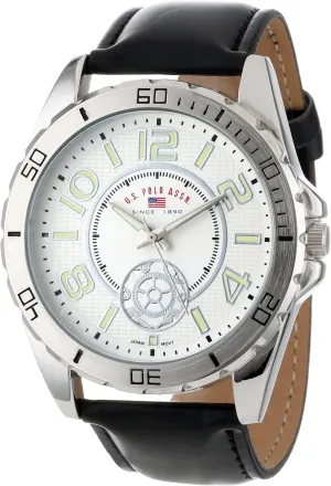 U.S. Polo Assn. Men's Analog Watch  White Textured Dial with Black PU Leather Strap and Luminous Hour Markers  Sleek, Durable, and Adjustable Fit for Wrists 5.5" to 8"
