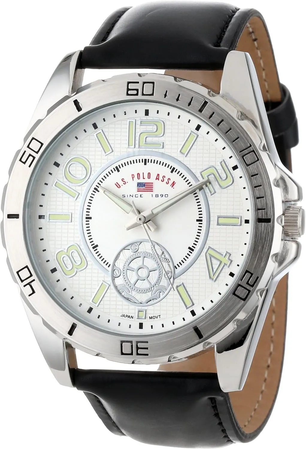 U.S. Polo Assn. Men's Analog Watch  White Textured Dial with Black PU Leather Strap and Luminous Hour Markers  Sleek, Durable, and Adjustable Fit for Wrists 5.5" to 8"