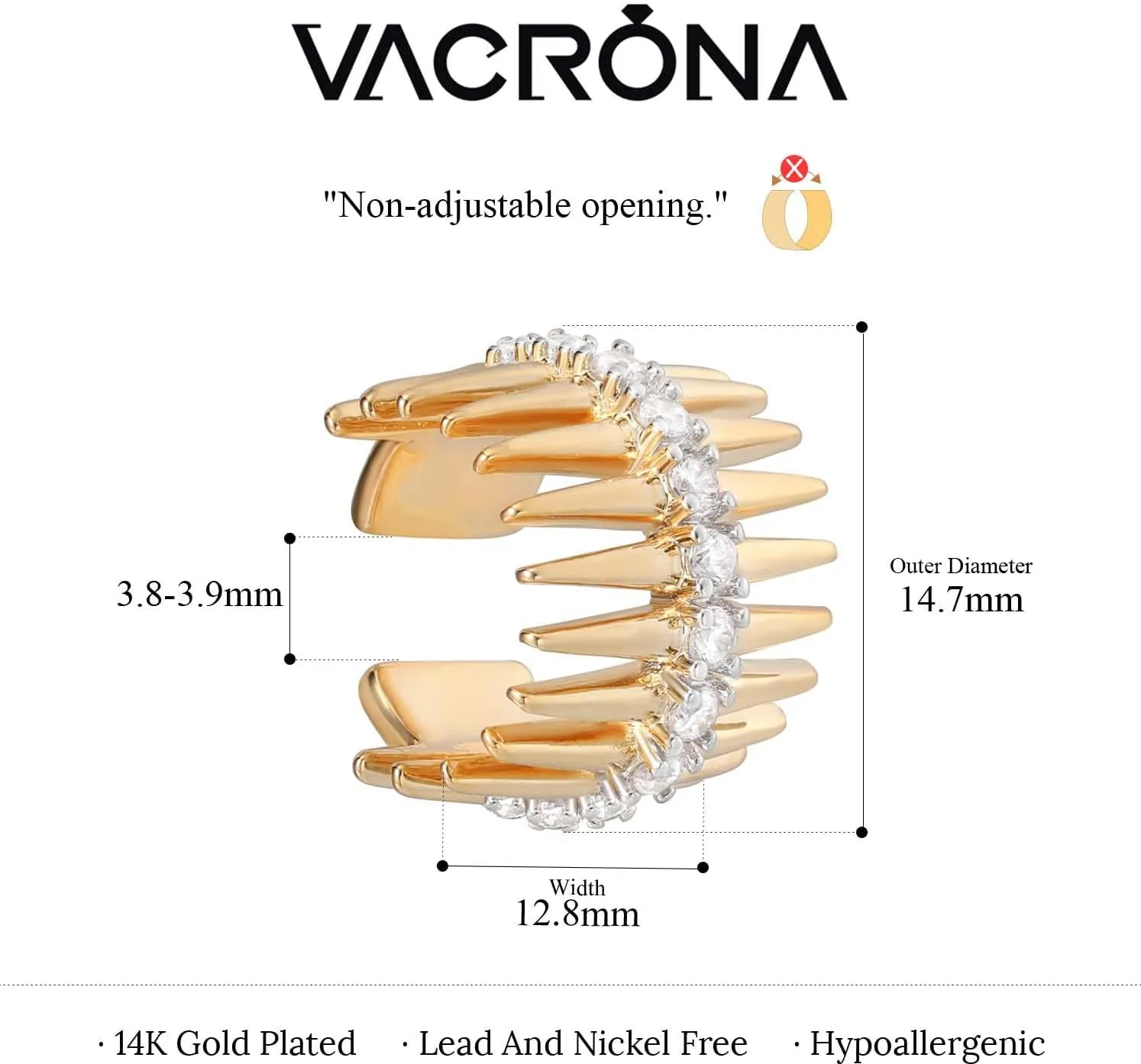 VACRONA Gold Ear Cuff Earrings for Women 14K Gold Plated Non Pierced Clip on Cartilage Cubic Zirconia Sparkling Earrings Gifts| Single