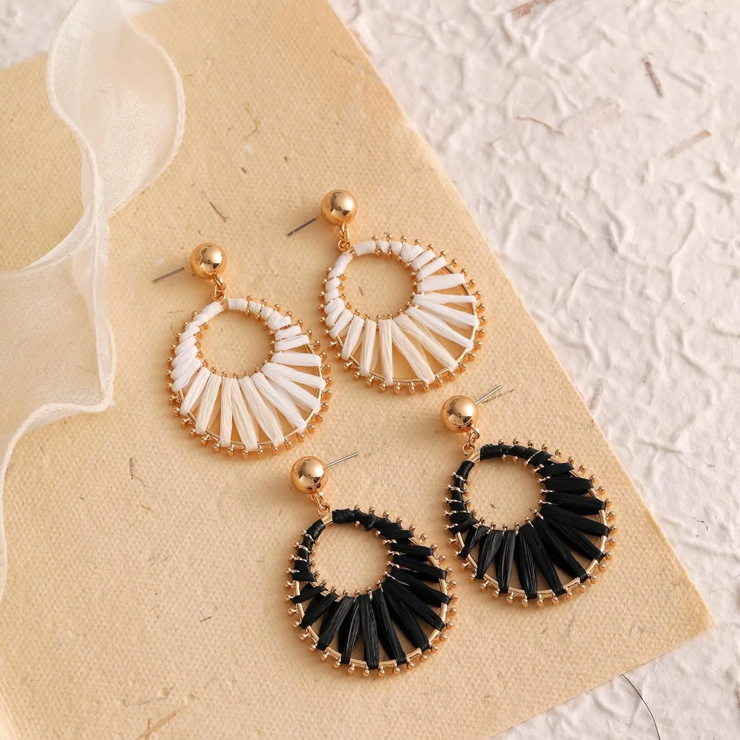 Viva Joya Boho Raffia Teardrop Earrings for Women, Large Statement Drop Dangle Earrings for Prom, Aesthetic Fashion Trendy Jewelry, Handmade Woven Beach Bridal Shower Earrings