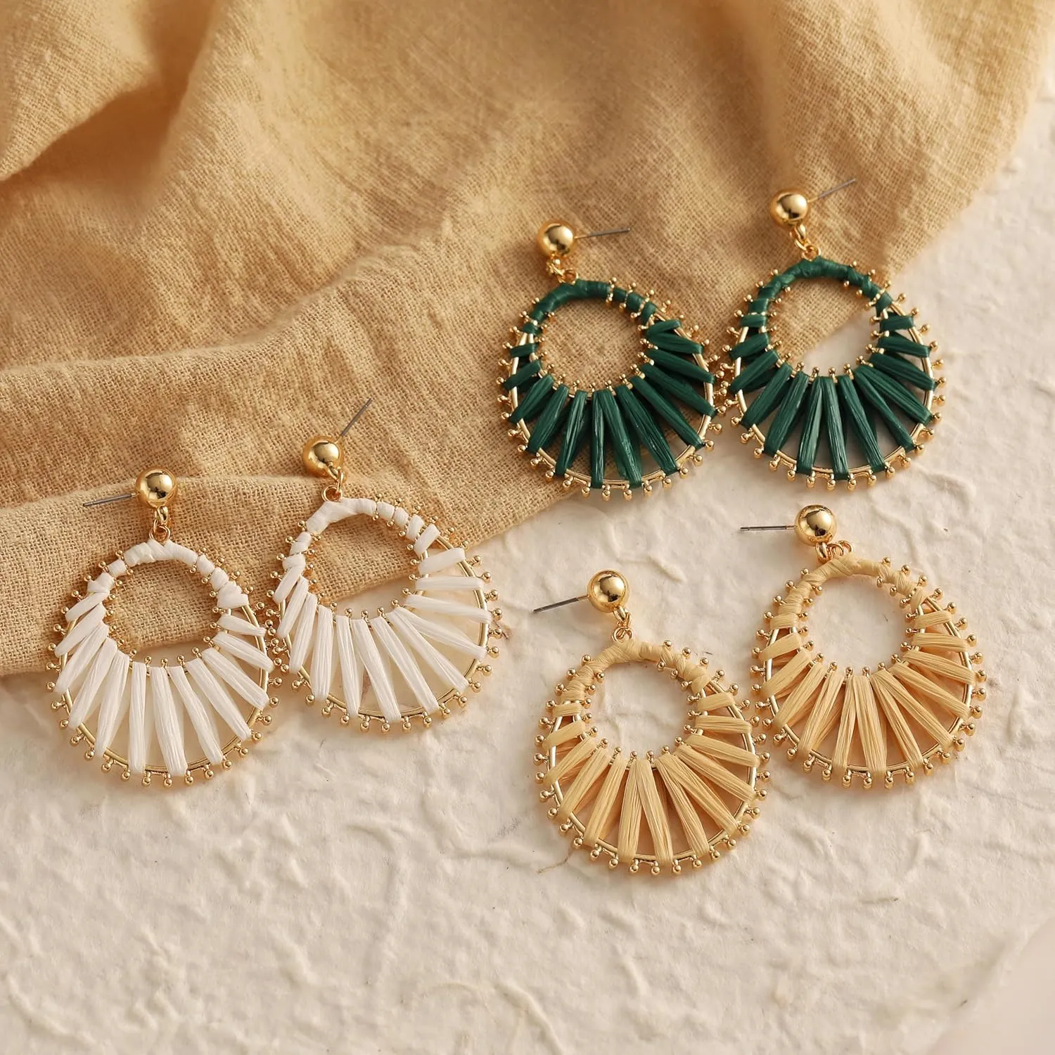 Viva Joya Boho Raffia Teardrop Earrings for Women, Large Statement Drop Dangle Earrings for Prom, Aesthetic Fashion Trendy Jewelry, Handmade Woven Beach Bridal Shower Earrings