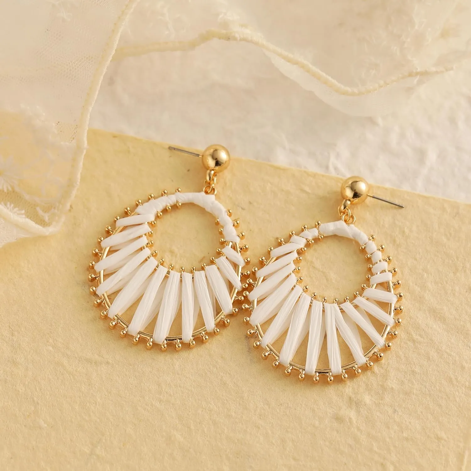 Viva Joya Boho Raffia Teardrop Earrings for Women, Large Statement Drop Dangle Earrings for Prom, Aesthetic Fashion Trendy Jewelry, Handmade Woven Beach Bridal Shower Earrings
