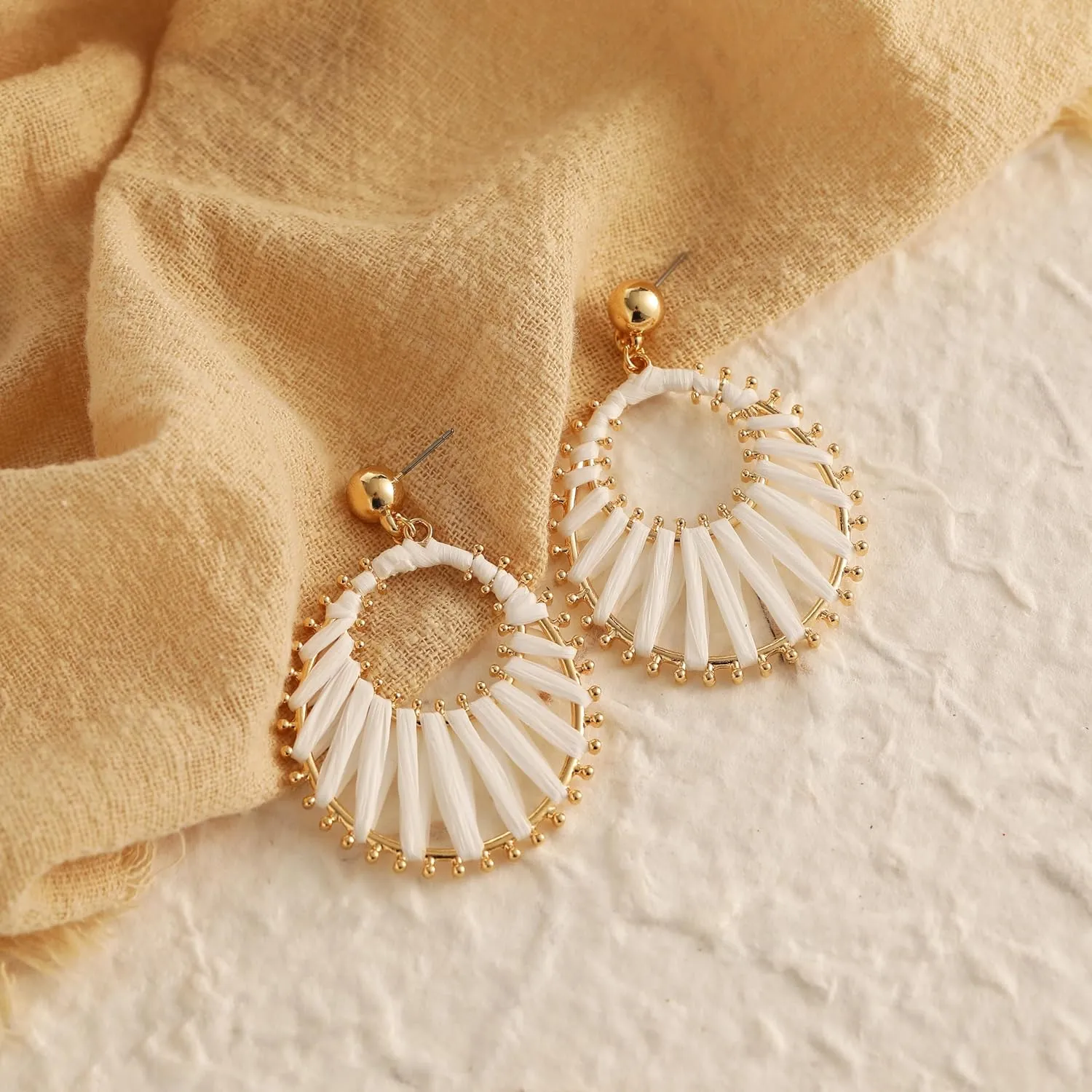 Viva Joya Boho Raffia Teardrop Earrings for Women, Large Statement Drop Dangle Earrings for Prom, Aesthetic Fashion Trendy Jewelry, Handmade Woven Beach Bridal Shower Earrings